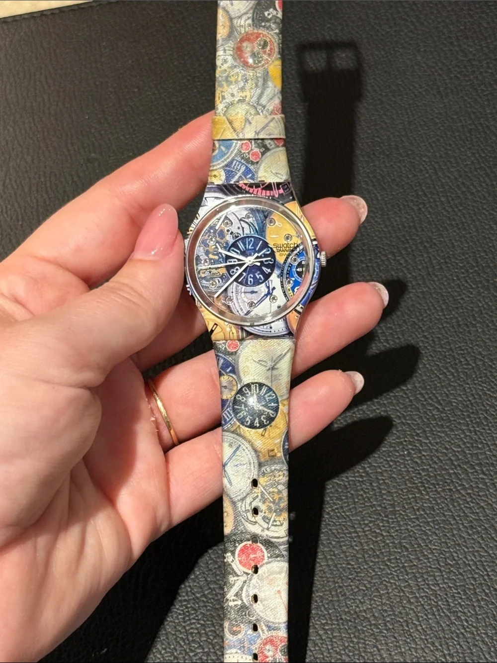 Swatch Multicolor Patterned Graphic Watch with Blue Dial